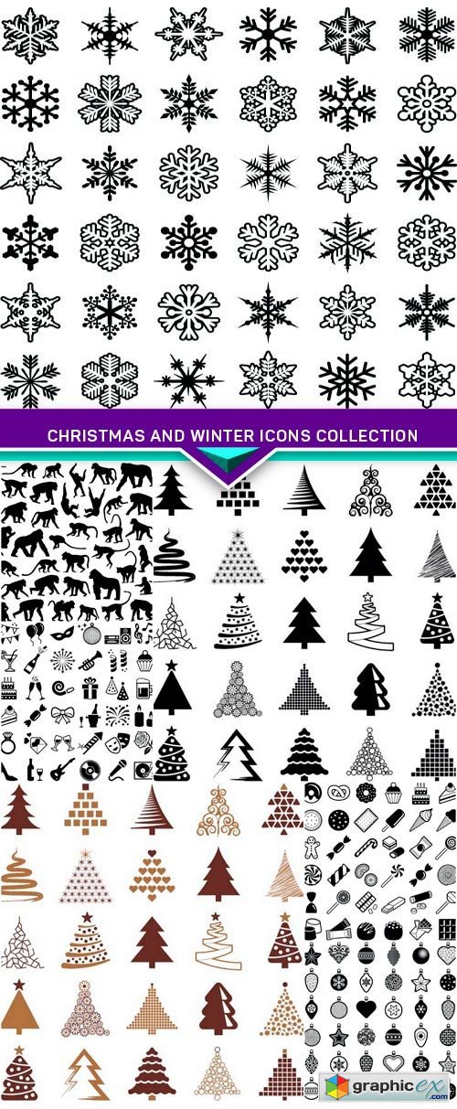 Christmas and Winter icons collection vector silhouette 8x EPS