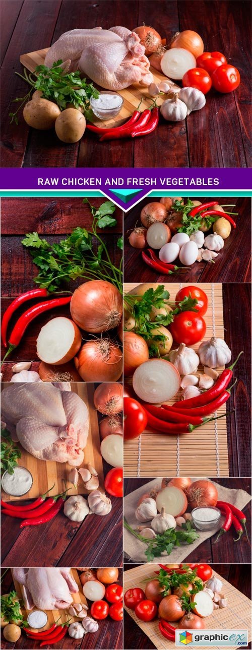 Raw chicken and fresh vegetables on wooden background 8x JPEG