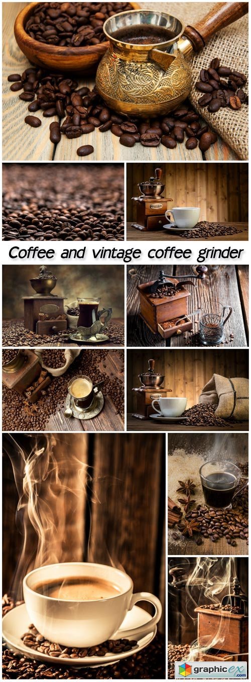 Coffee and vintage coffee grinder, coffee beans