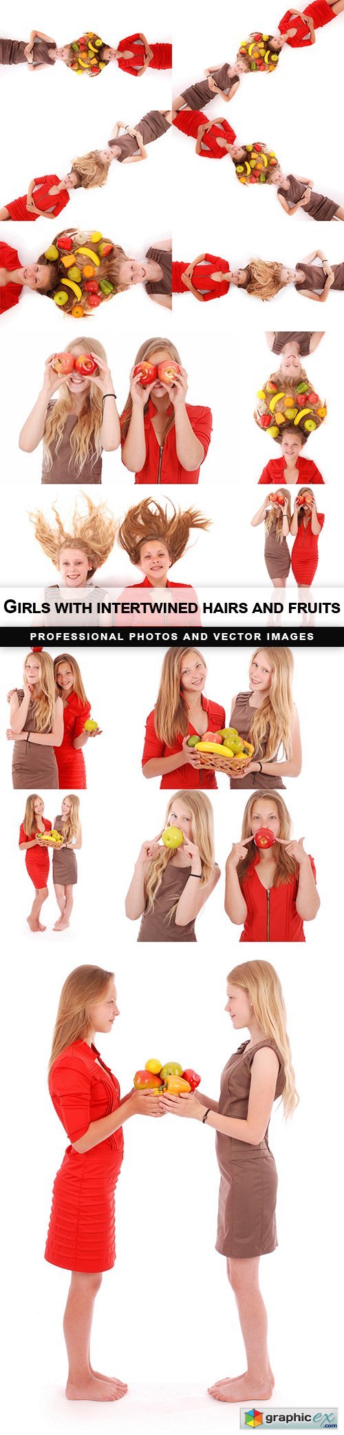 Girls with intertwined hairs and fruits