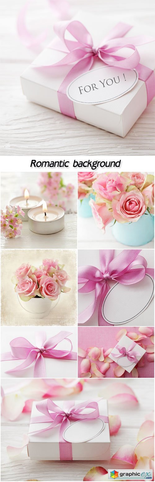  Romantic background with roses, candles and gift boxes