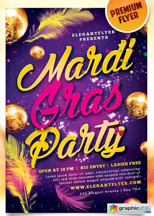 Mardi Gras Party Flyer PSD Template + Facebook Cover