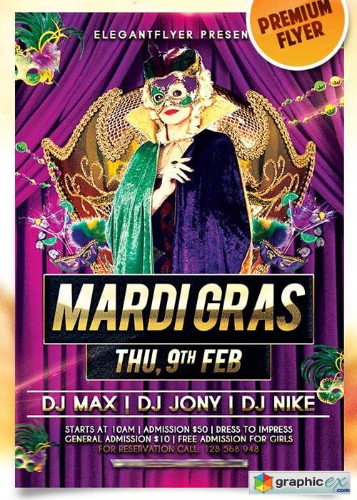  Mardi Gras Night  Flyer PSD Template + Facebook Cover