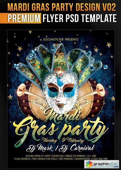  Mardi Gras Party Design V02 Flyer PSD Template + Facebook Cover