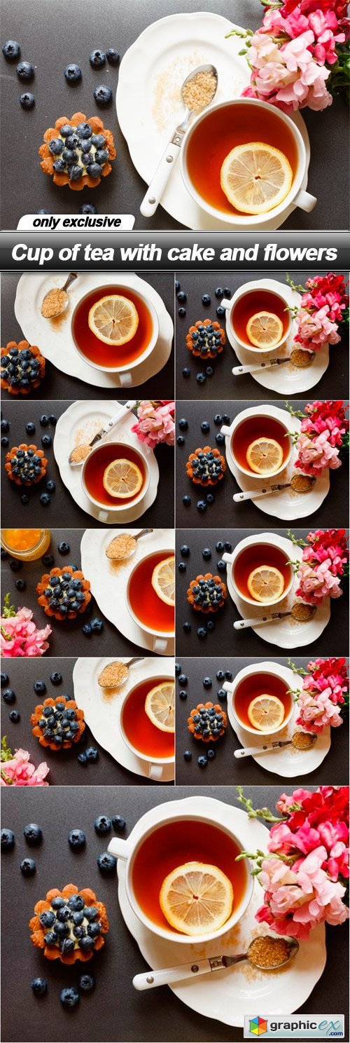 Cup of tea with cake and flowers - 10 UHQ JPEG