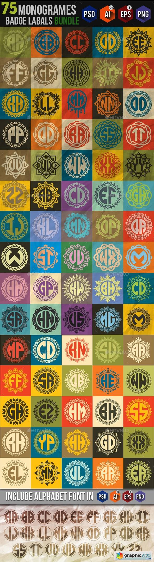 75 Monogrames Badge Labals With Alphabet Bundle