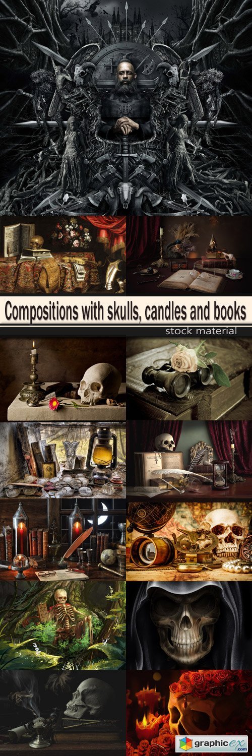 Compositions with skulls, candles and books