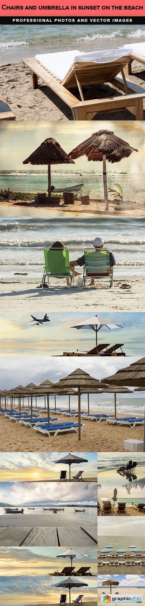 Chairs and umbrella in sunset on the beach