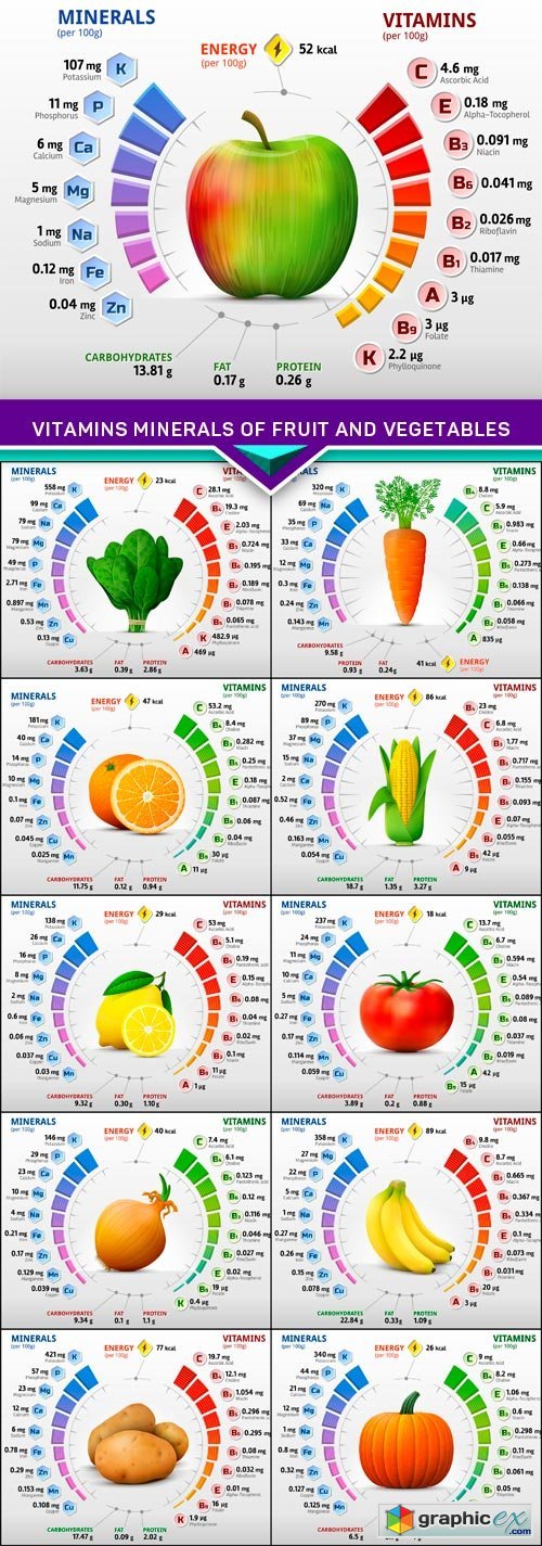 Vitamins minerals of fruit and vegetables 11x EPS