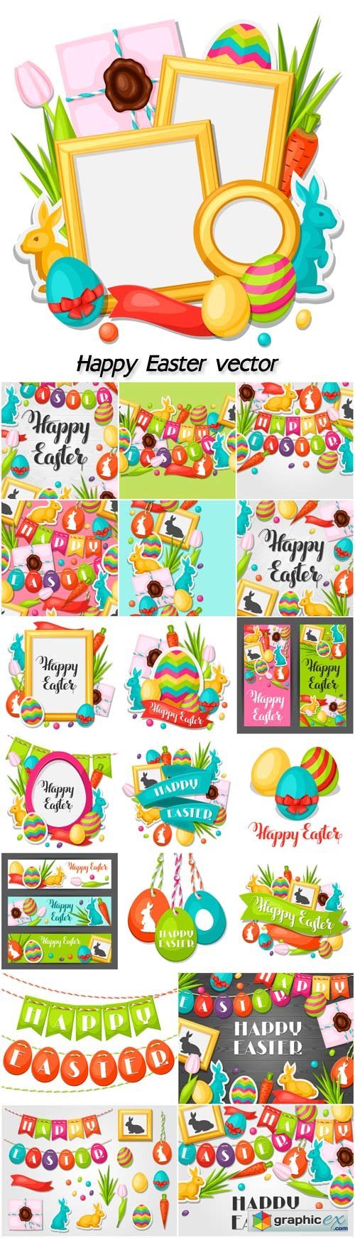 Happy Easter photo frame with decorative objects, eggs, bunnies stickers