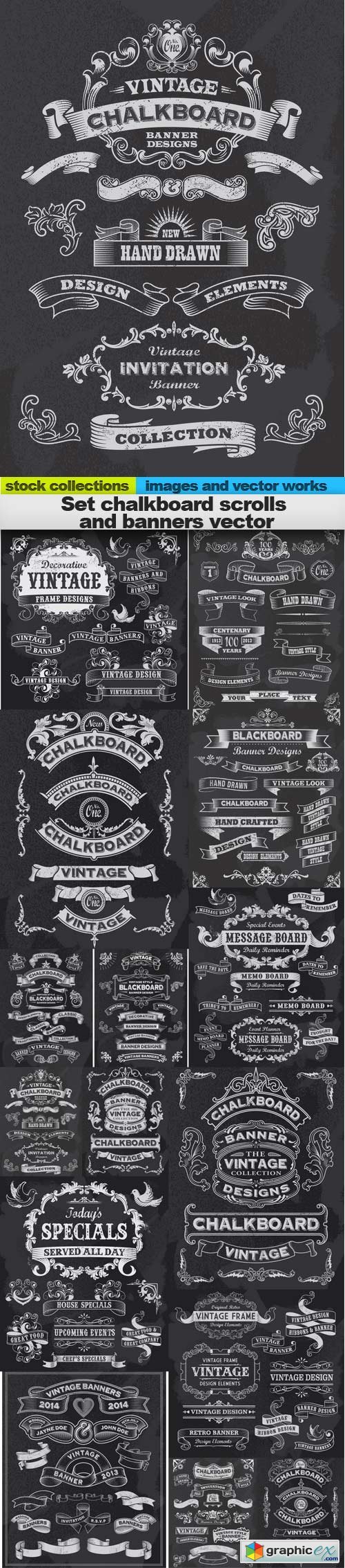Set chalkboard scrolls and banners vector, 15 x EPS