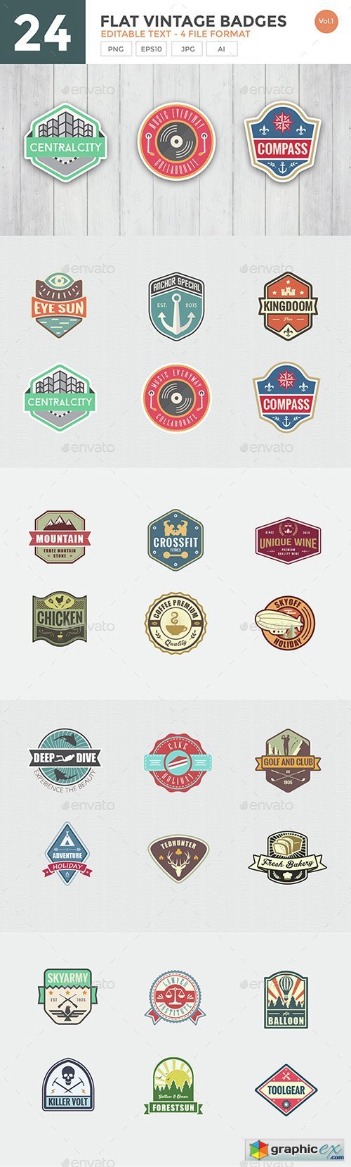 24 Flat Vintage Badge Set