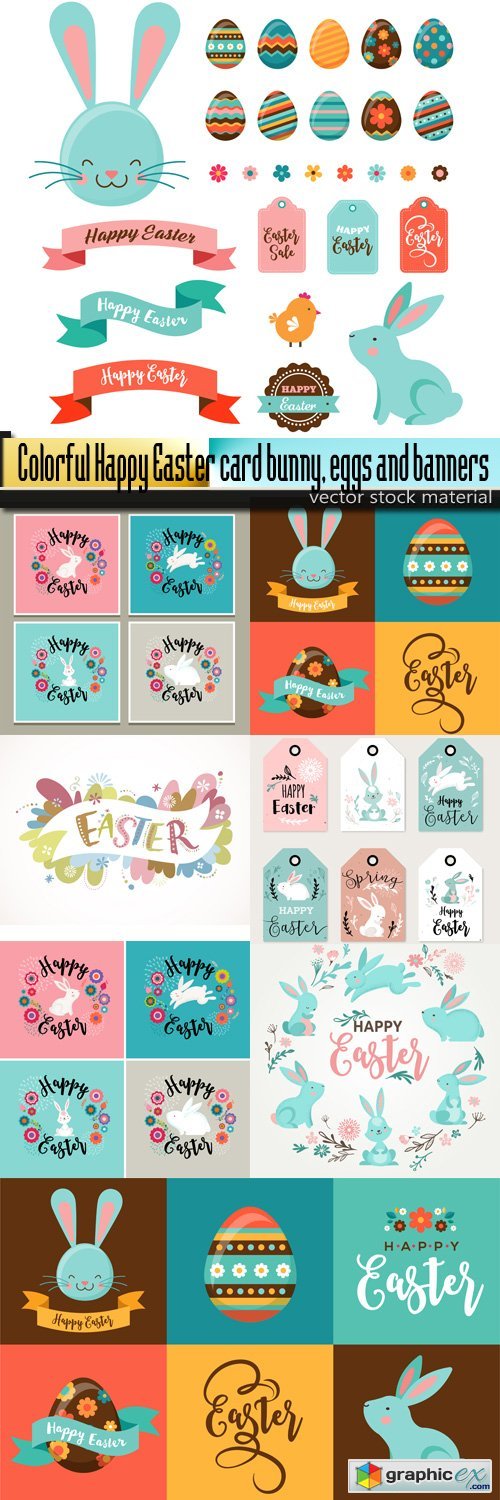 Colorful Happy Easter card bunny, eggs and banners