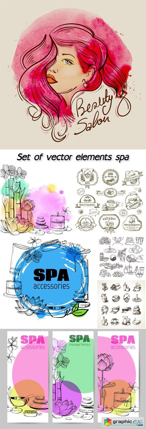 Set of vector hand drawn elements spa, natural stones, lotus