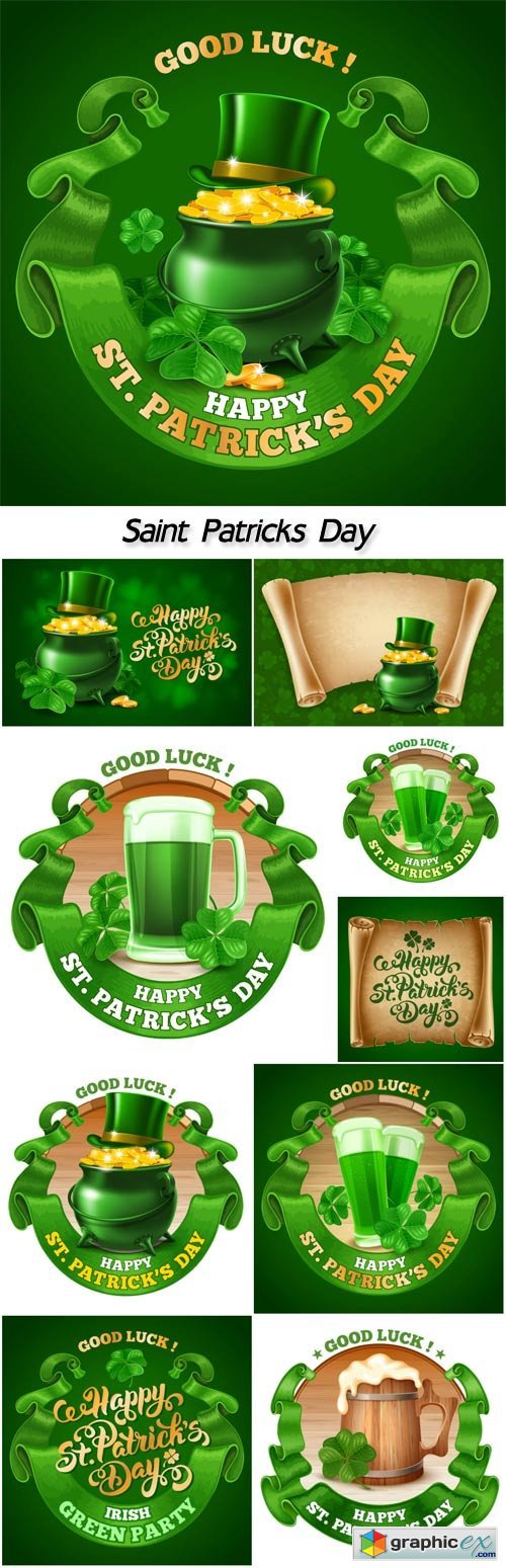 Saint Patricks day card design with goblets of green beer, shamrock, and rounded