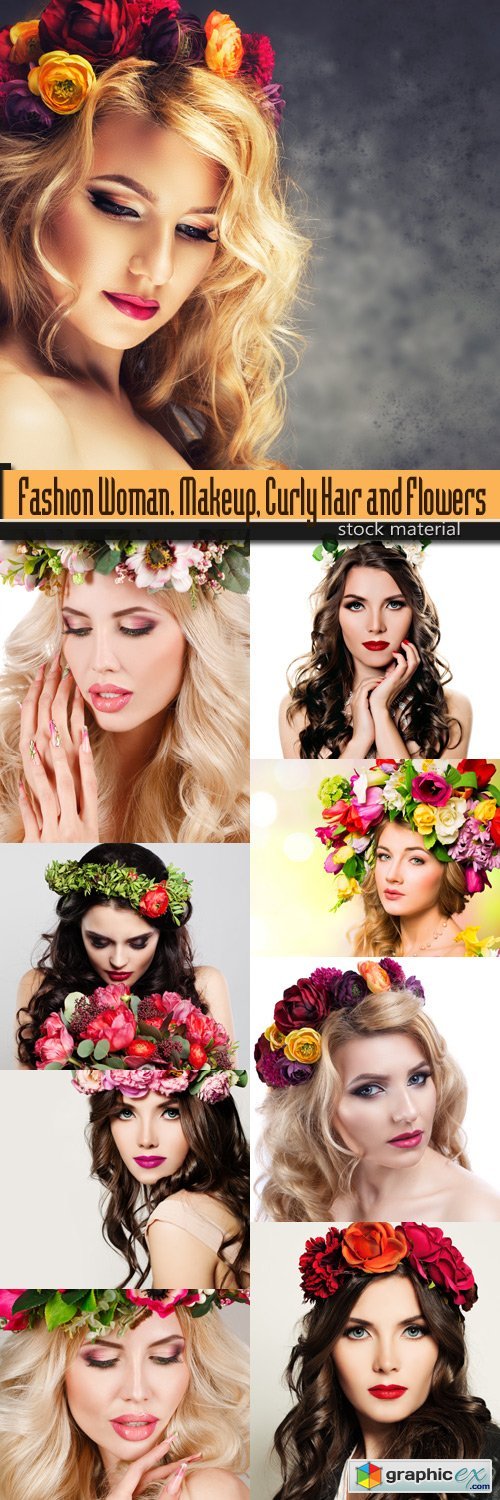 Fashion Woman. Makeup, Curly Hair and Flowers