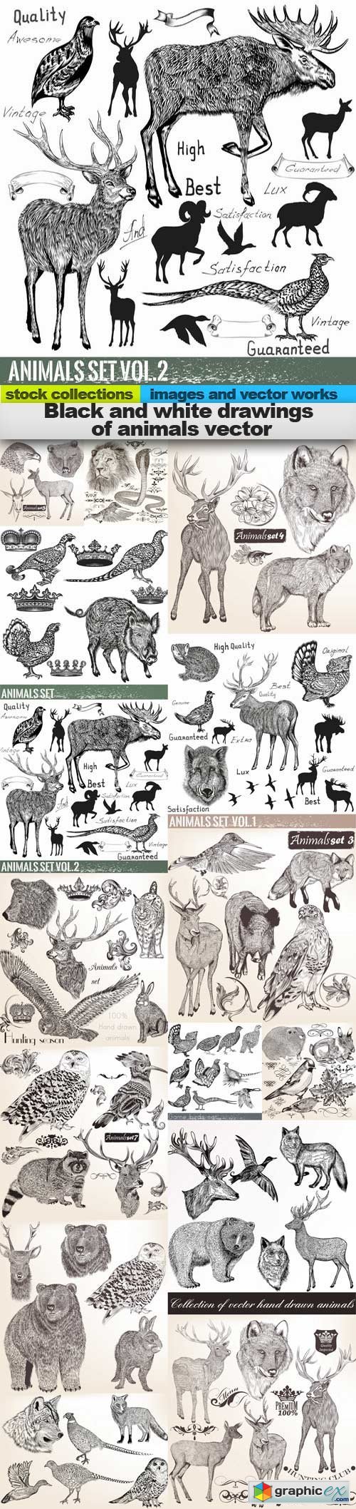 Black and white drawings of animals vector, 15 x EPS