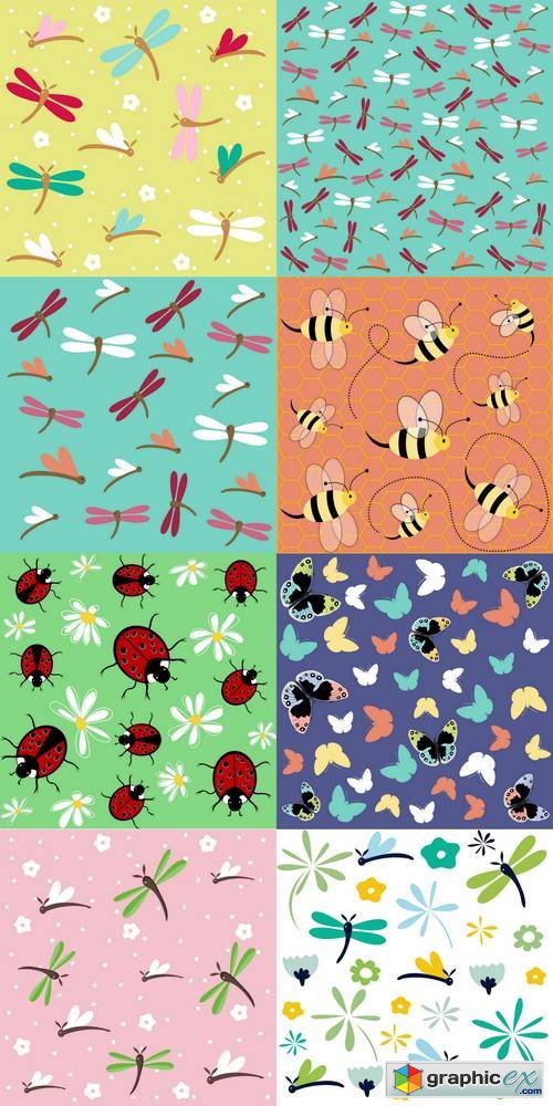 Insects Seamless Pattern Set