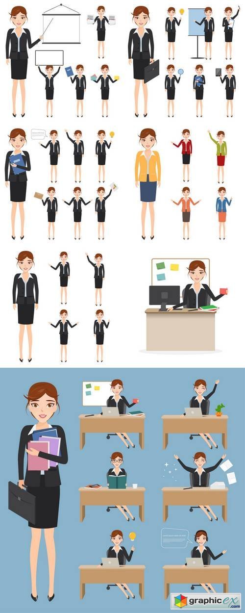 Set of Business Woman Character at Office Work