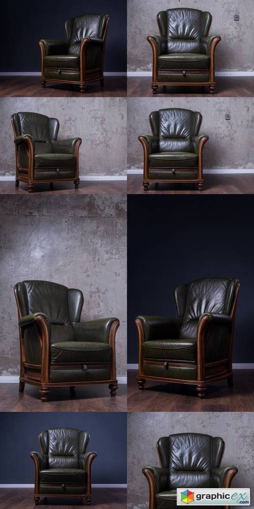 Green Leather Armchair in Front of the Wall