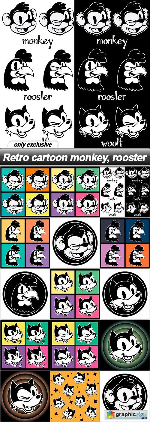 Retro cartoon monkey, rooster - 15 EPS