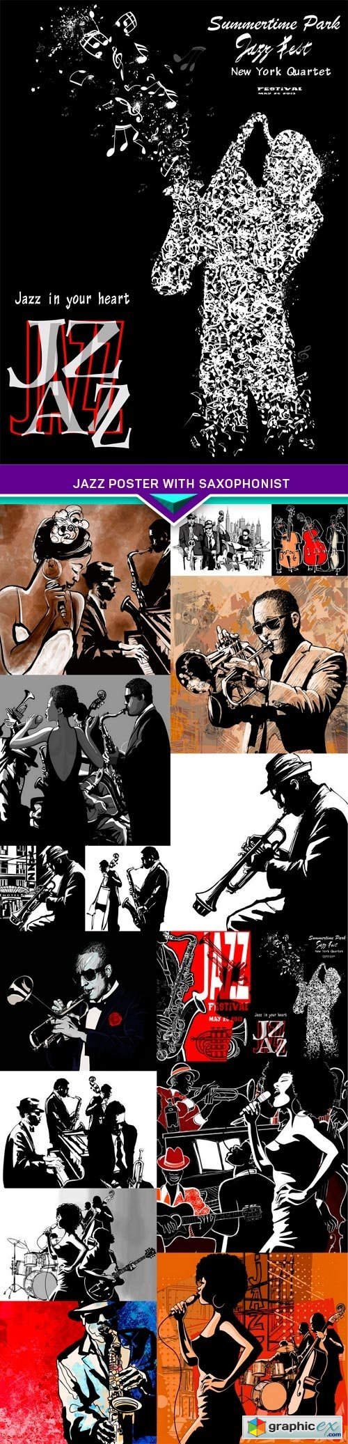 Jazz poster with saxophonist 16x EPS