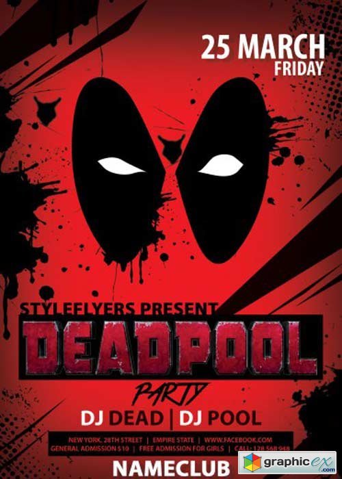 Deadpool Party V2 PSD Premium Flyer Template + Facebook cover