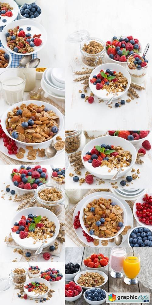 Healthy Breakfast with Natural Yogurt, Muesli and Fresh Berries
