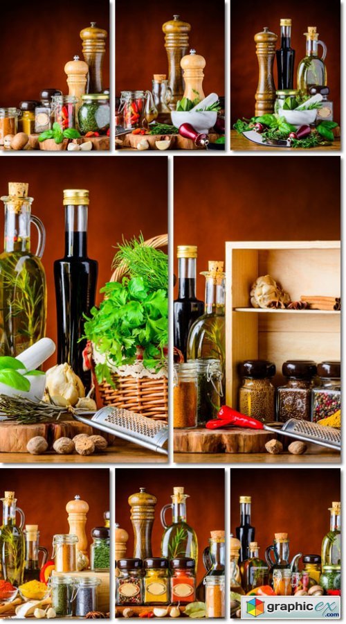 Bottles of oil and Balsamic vinegar and different spices and seeds and cooking ingredients - Stock photo