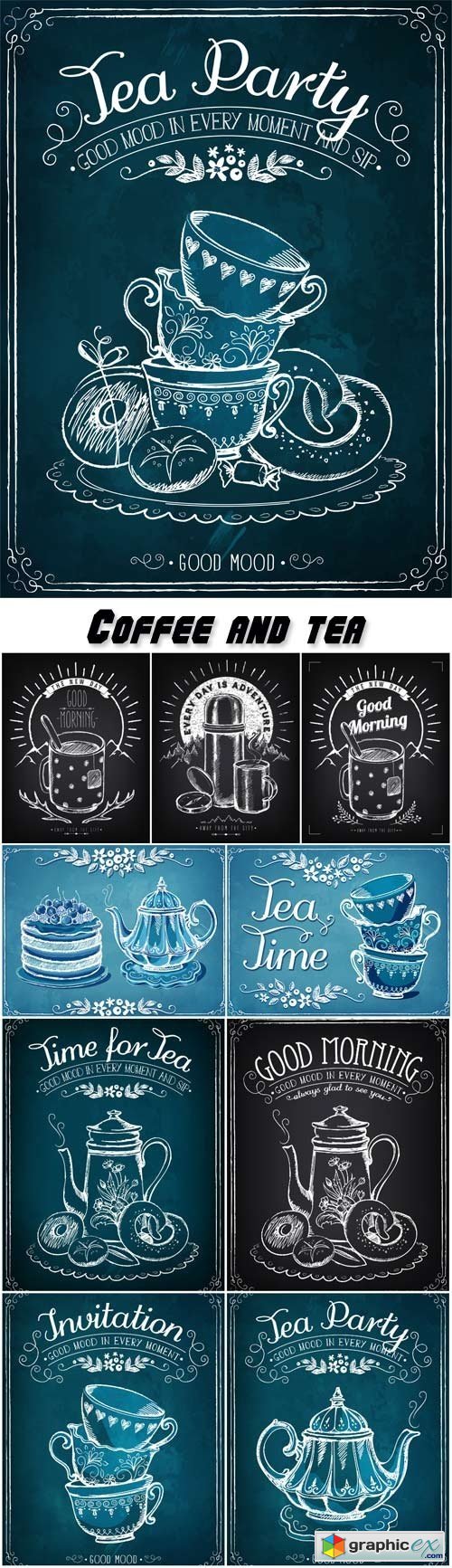 Coffee and tea, cups and teapots drawn vector