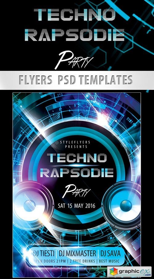 Techno Rapsodie Party Flyer PSD Template + Facebook Cover