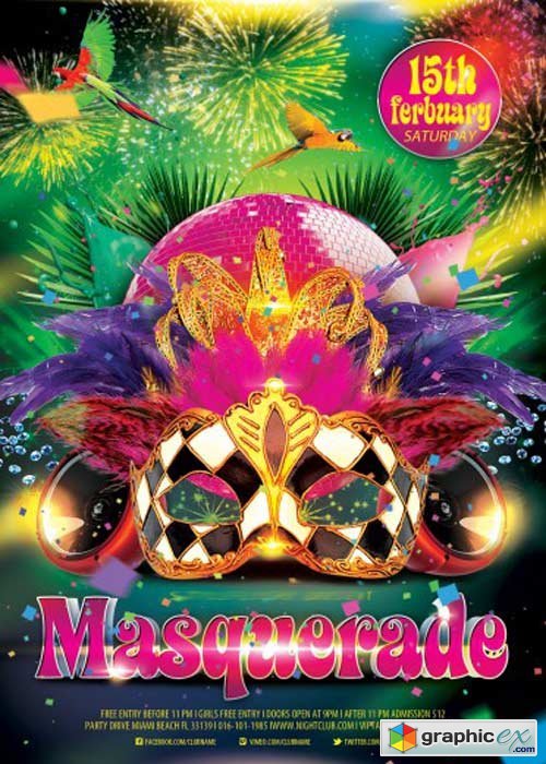 Masquerade PSD Flyer Template with Facebook Cover