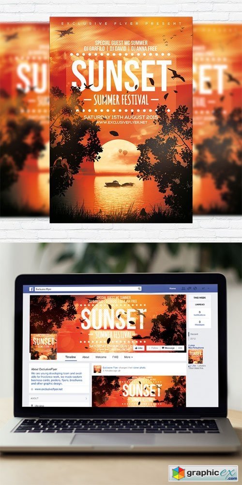 Sunset Summer Festival - Flyer Template + Facebook Cover