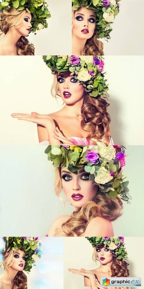 Spring Girl - Beautiful Model with Flower Wreath on Head
