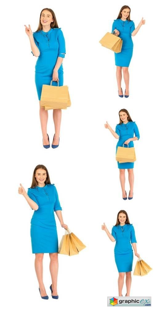 Pretty Woman in Blue Dress Posing with Eco Frendly Paper Bags