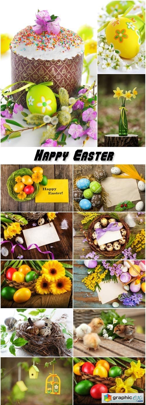 Happy Easter, easter eggs, spring flowers, greeting card and text