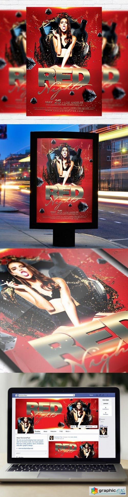 Red Night Flyer PSD Template + Facebook Cover