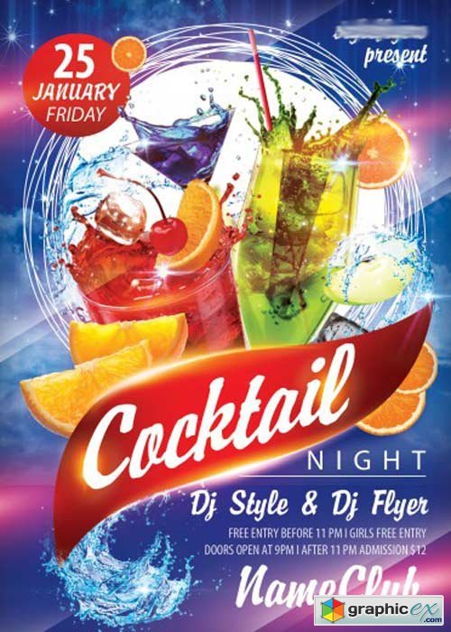 Cocktail Night V1 Flyer PSD Template + Facebook Cover
