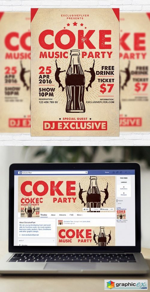 Coke Music Party PSD Flyer Template + Facebook Cover