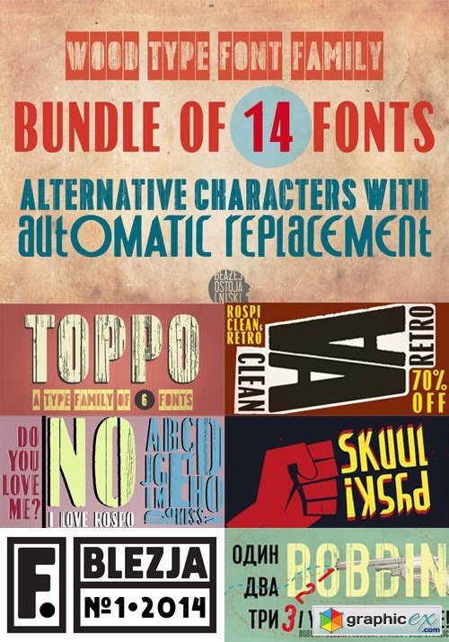 Wood Type Font Family Bundle of 14 Fonts