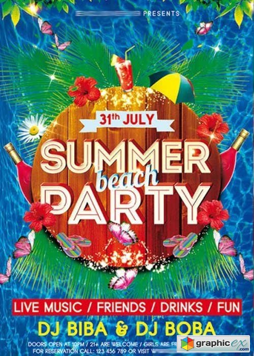  Summer V3 Beach Party  Premium Flyer Template + Facebook Cover 