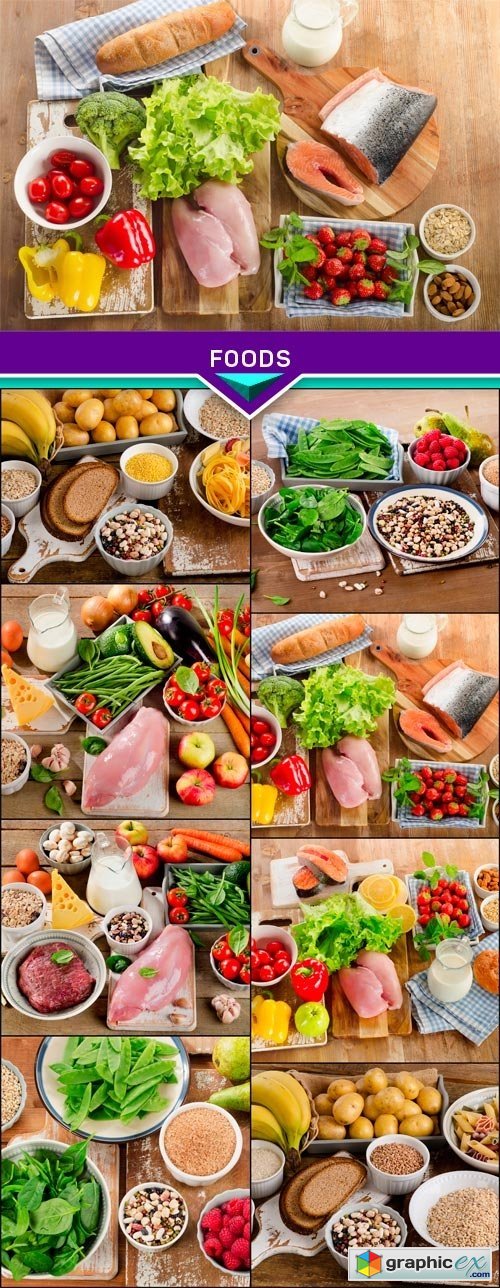 Foods high in vitamins on wooden background 8x JPEG