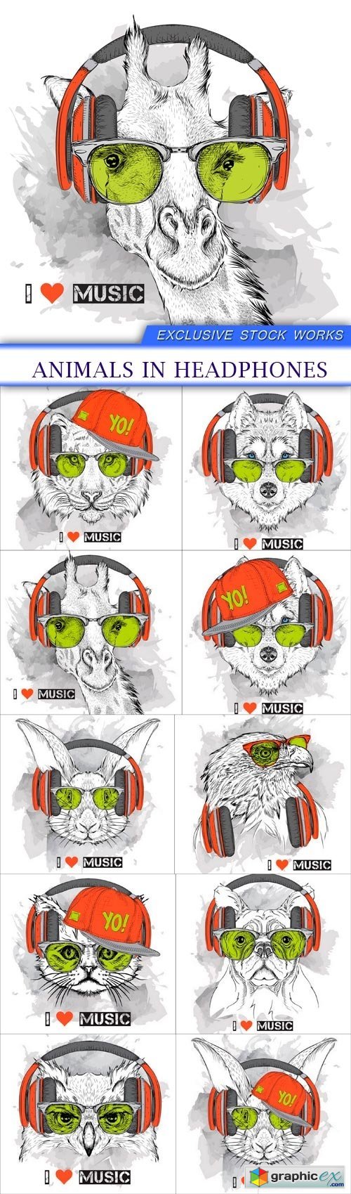 animals in headphones 10X EPS