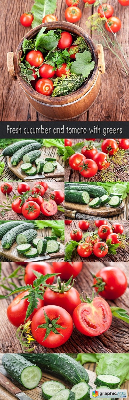 Fresh cucumber and tomato with greens