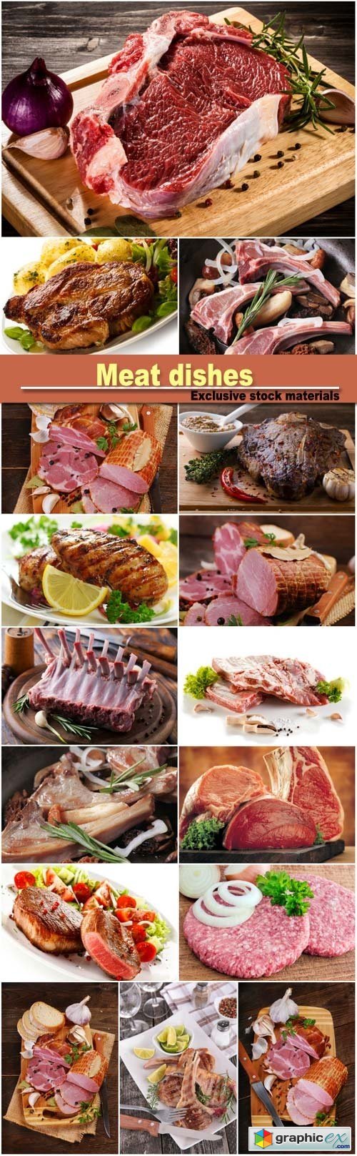 Meat dishes, lamb chops, smoked ham, lamb ribs with spices and herbs
