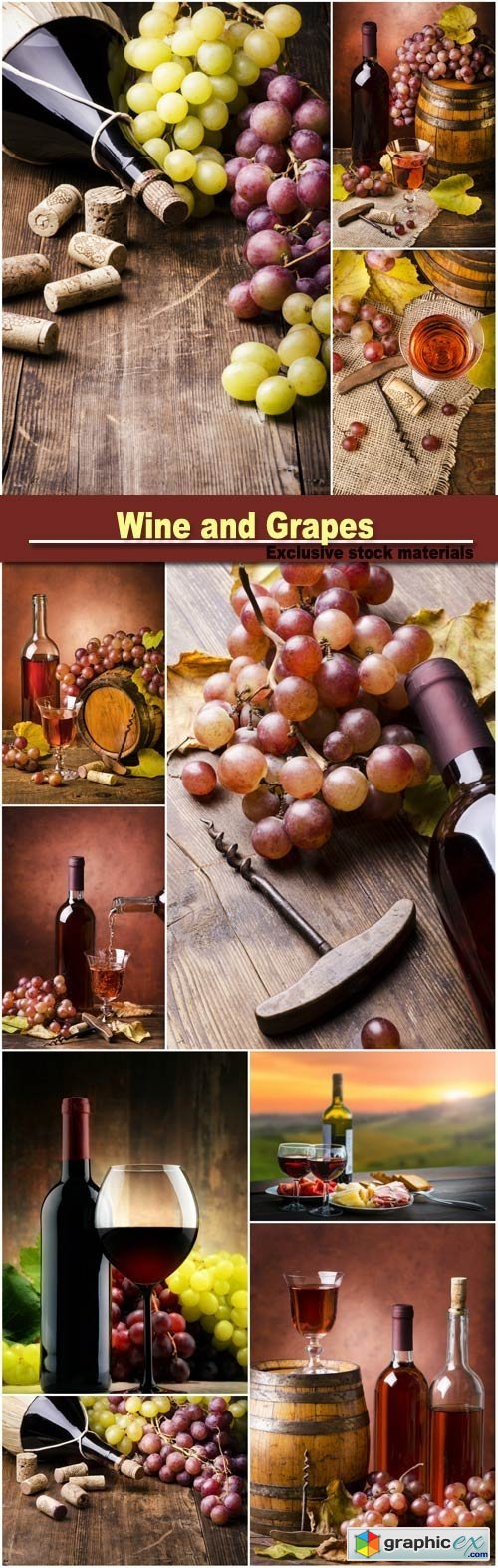 Wine barrels, wine and grapes