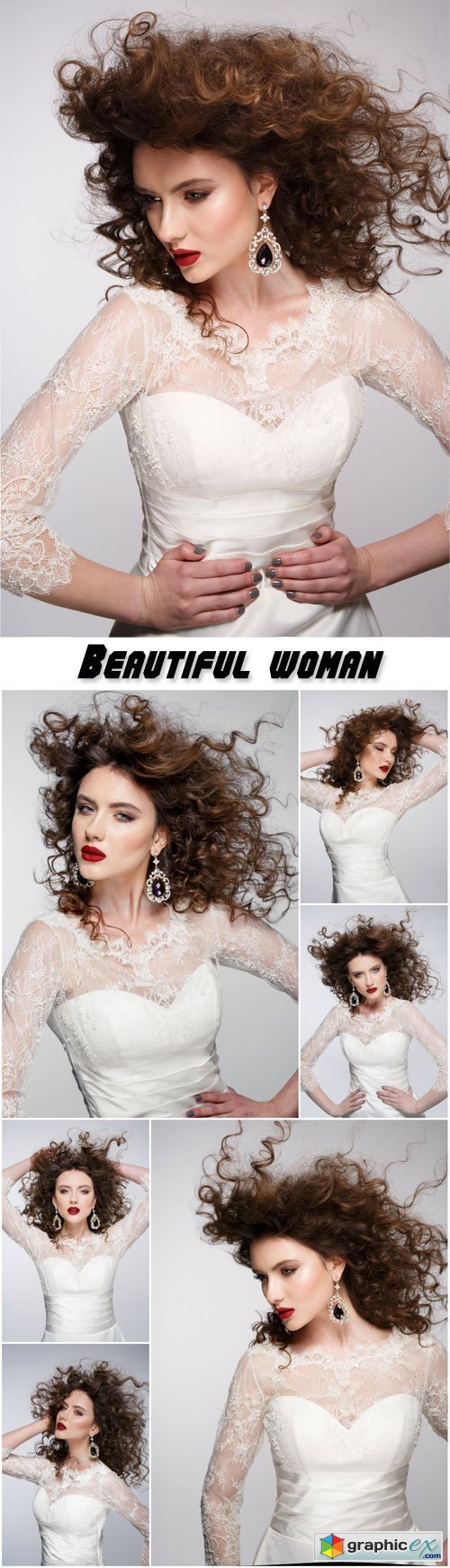 Beautiful woman with long brown hair, red lips, jewellery in wedding dress