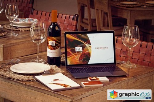 Wine Bottle, MacBook, Business Cards and Menu Mockup