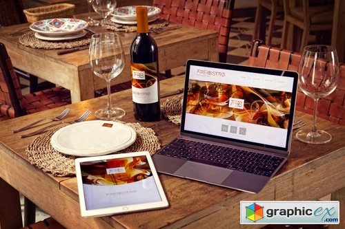Wine Bottle, iPad Air 2, Macbook Mockup
