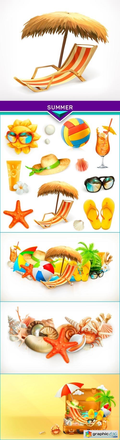 Summer, beach set, vector illustration 5x EPS